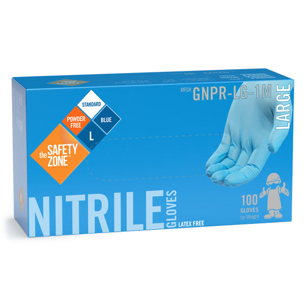 The Safety Zone Standard Blue Powder Free Nitrile Gloves - Box of 100, Large