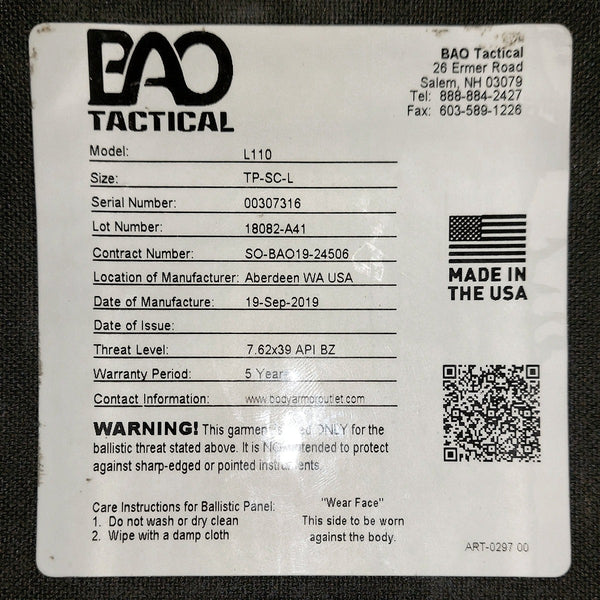 BAO Tactical L110 SRT 5x7 5x8 6x8 or 7x9 Plate