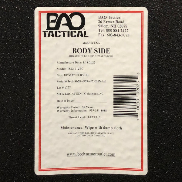 BAO Tactical AR500 Steel Level III SH-SC 10x12 Plate
