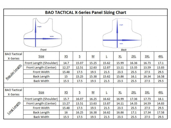 BAO Tactical's X-Series PAX IIIA body armor - sizing chart